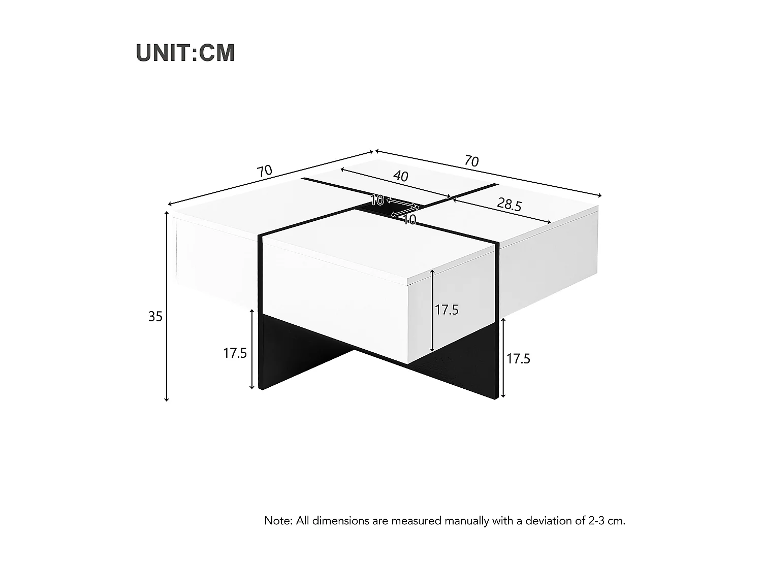 Table basse carré - avec rangement central 10x10cm - Blanc