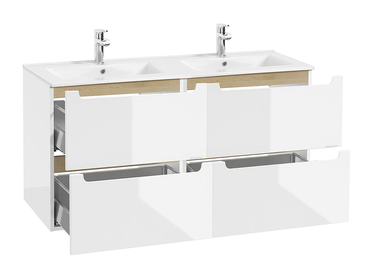 Double washbasin unit 120cm 4 drawers Livia White and Wood