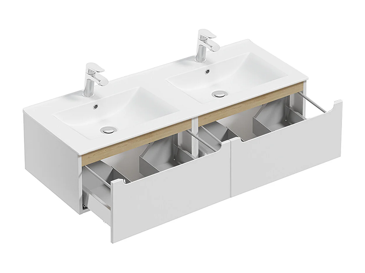 Double washbasin unit 120cm 2 drawers Livia White and Wood