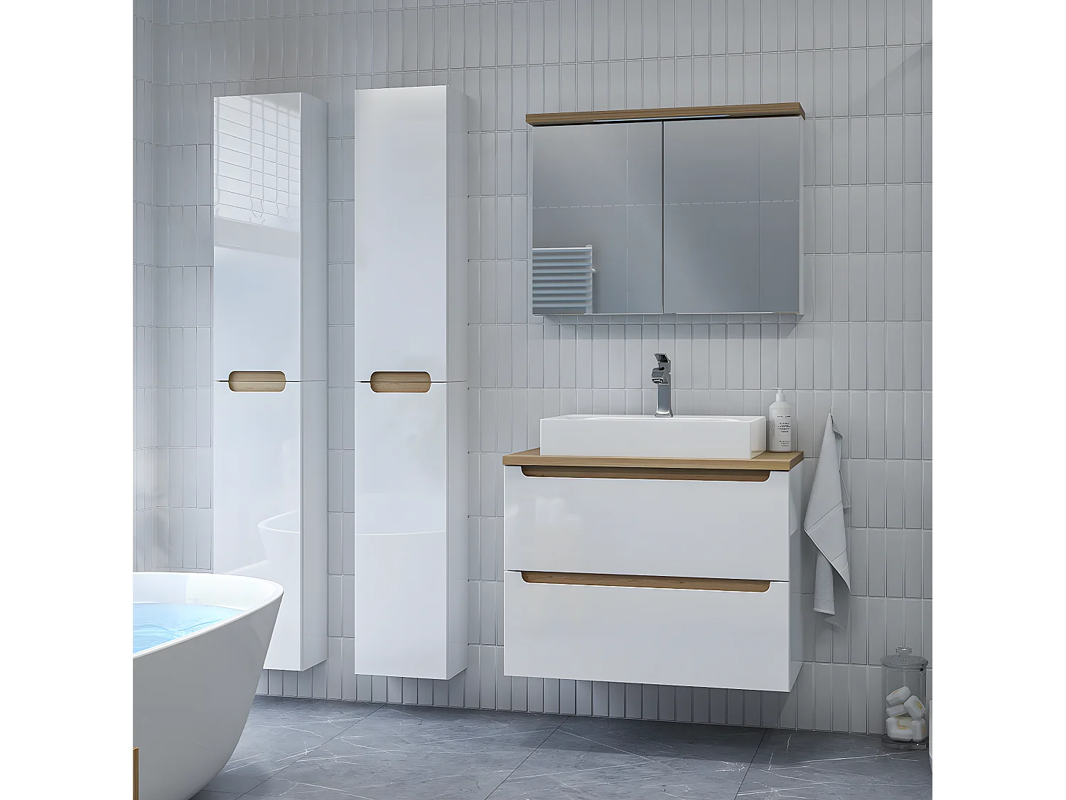 Meuble simple vasque 80cm 2 tiroirs Livia Blanc et Bois