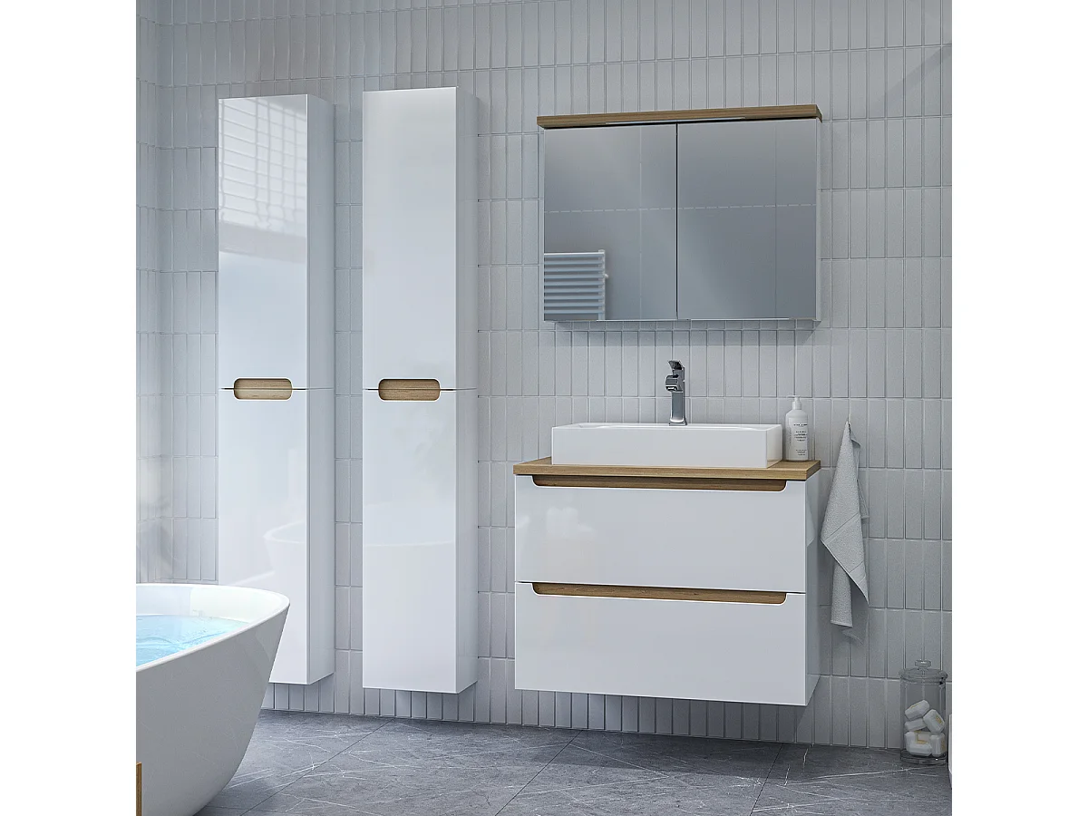 Enkele wastafel 80cm 2 laden Livia Wit en Hout