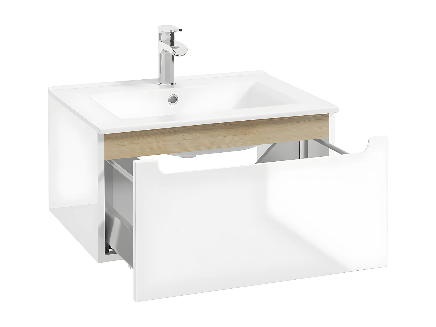 Einzelwaschtisch 60cm 1 Schublade Livia Weiß und Holz