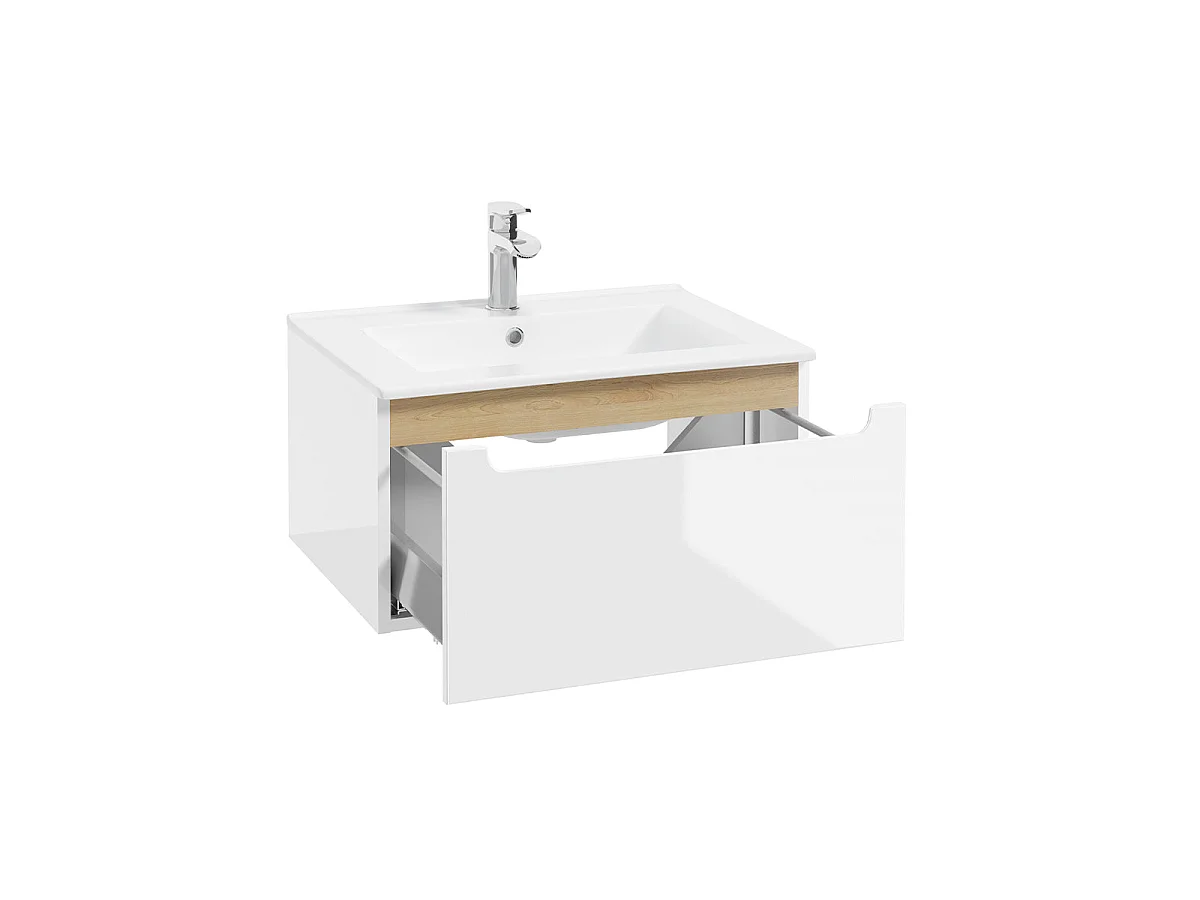 Meuble simple vasque encastrée 60cm 1 tiroir Livia Blanc et Bois