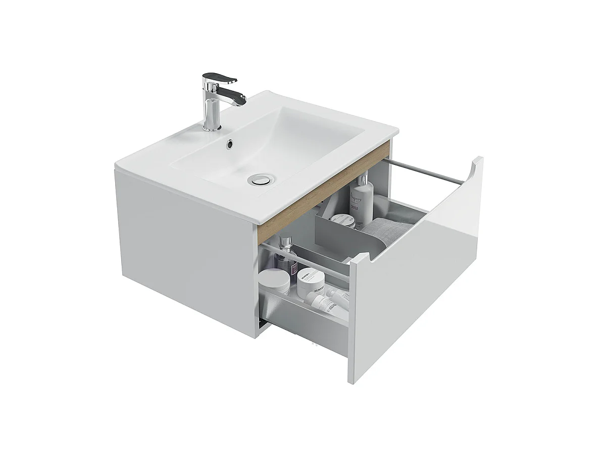 Meuble simple vasque encastrée 60cm 1 tiroir Livia Blanc et Bois