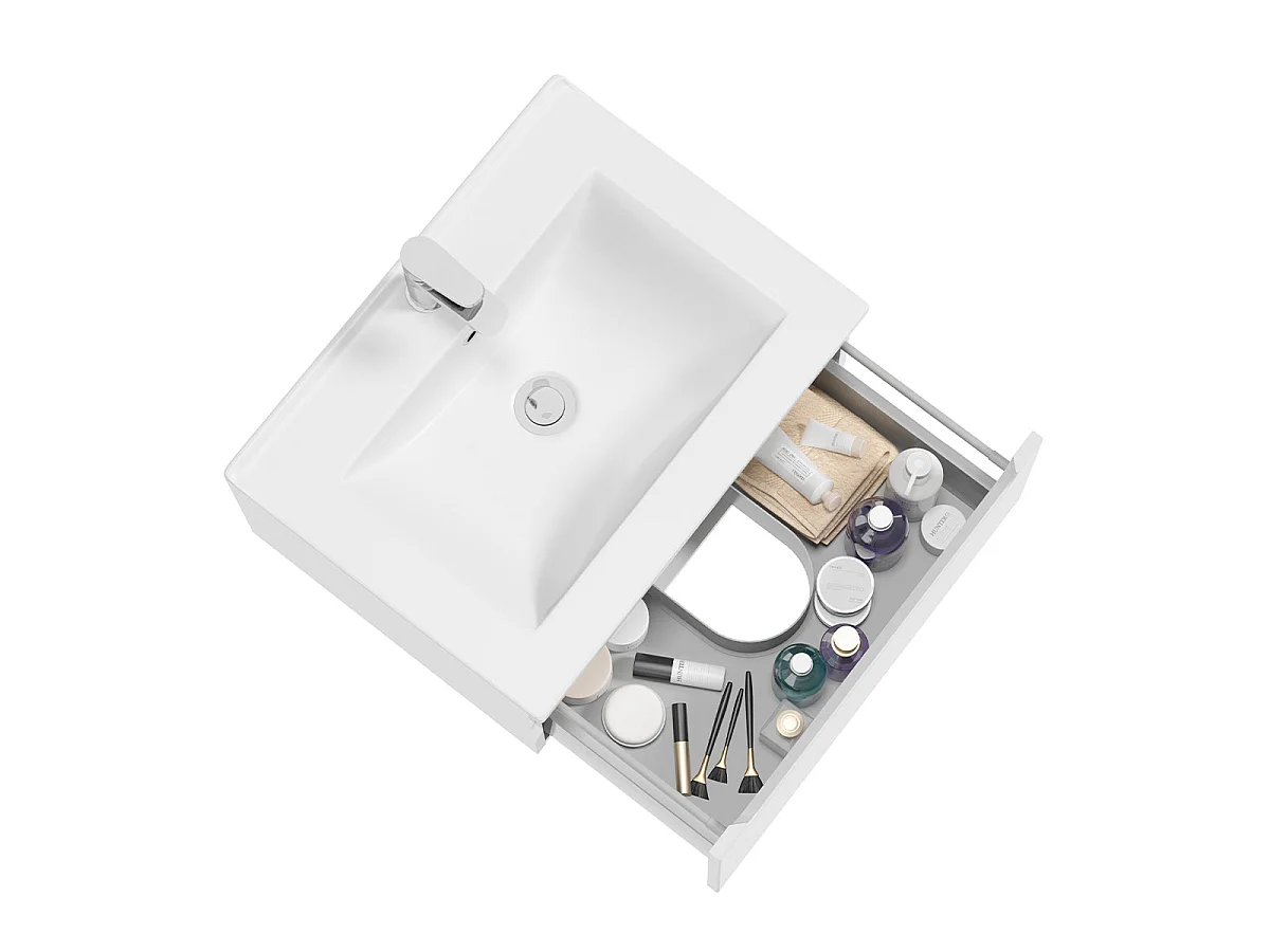 Meuble simple vasque encastrée 60cm 1 tiroir Livia Blanc et Bois