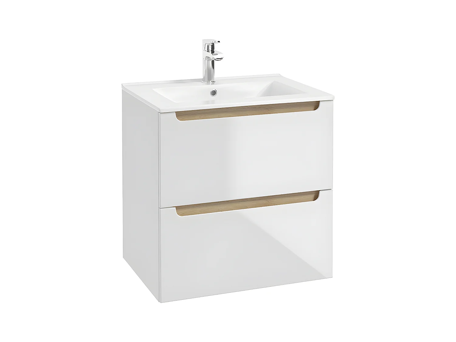 Meuble simple vasque encastrée 60cm 2 tiroirs Livia Blanc et Bois
