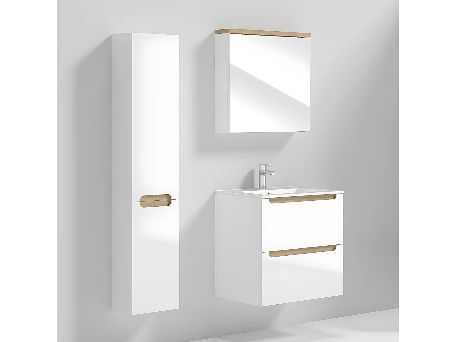 Meuble simple vasque encastrée 60cm 2 tiroirs Livia Blanc et Bois