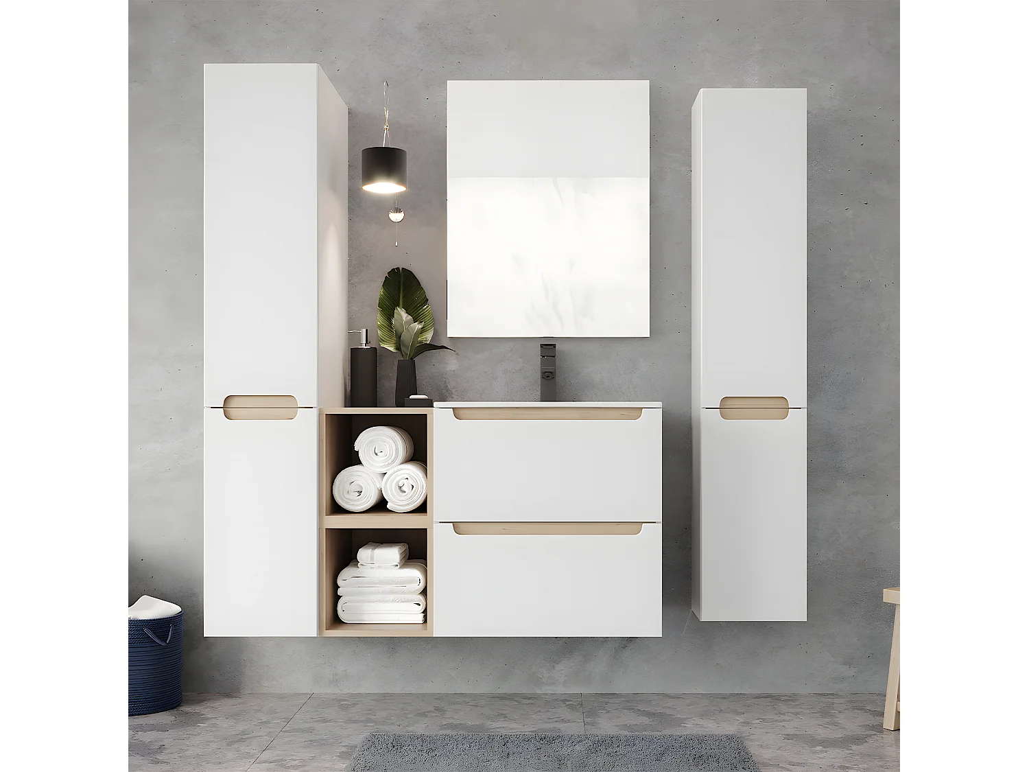 Meuble simple vasque encastrée 60cm 2 tiroirs Livia Blanc et Bois