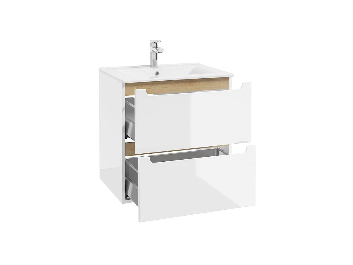 Meuble simple vasque encastrée 60cm 2 tiroirs Livia Blanc et Bois
