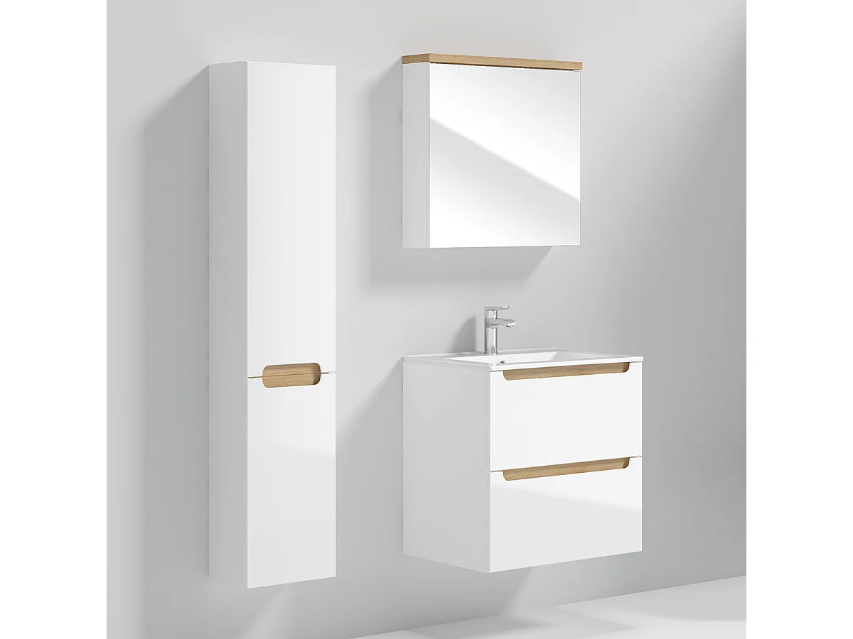 Meuble simple vasque encastrée 60cm 2 tiroirs Livia Blanc et Bois