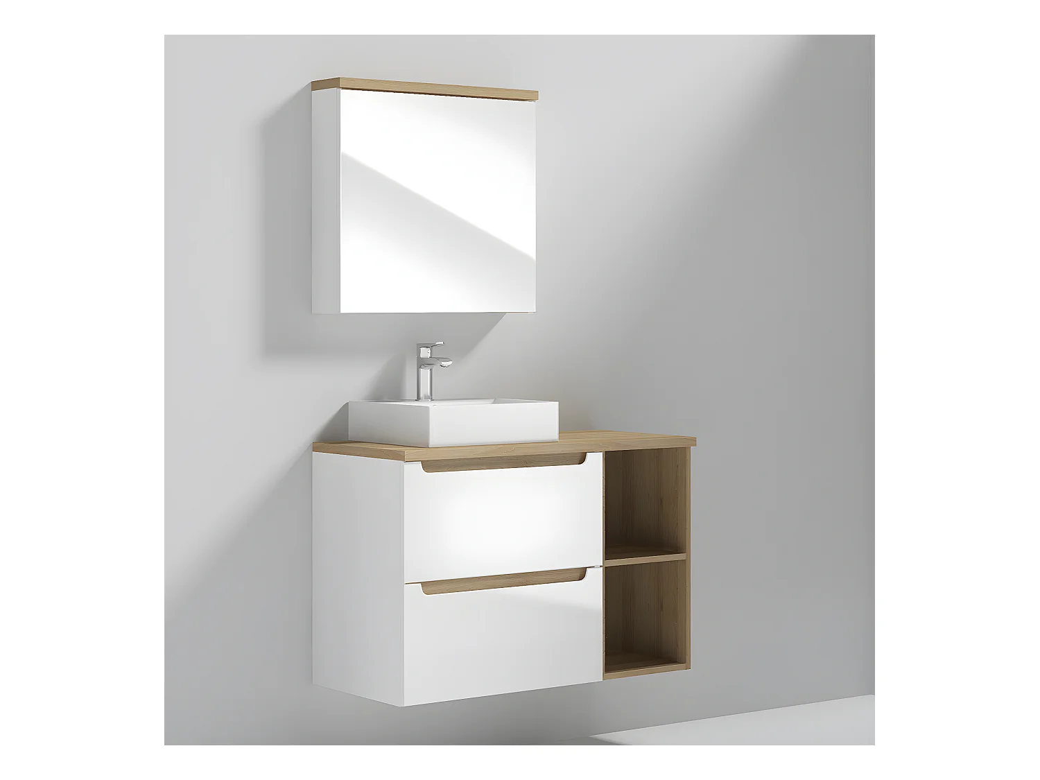 Einzelwaschtisch 90cm 2 Nischen Livia Weiß und Holz