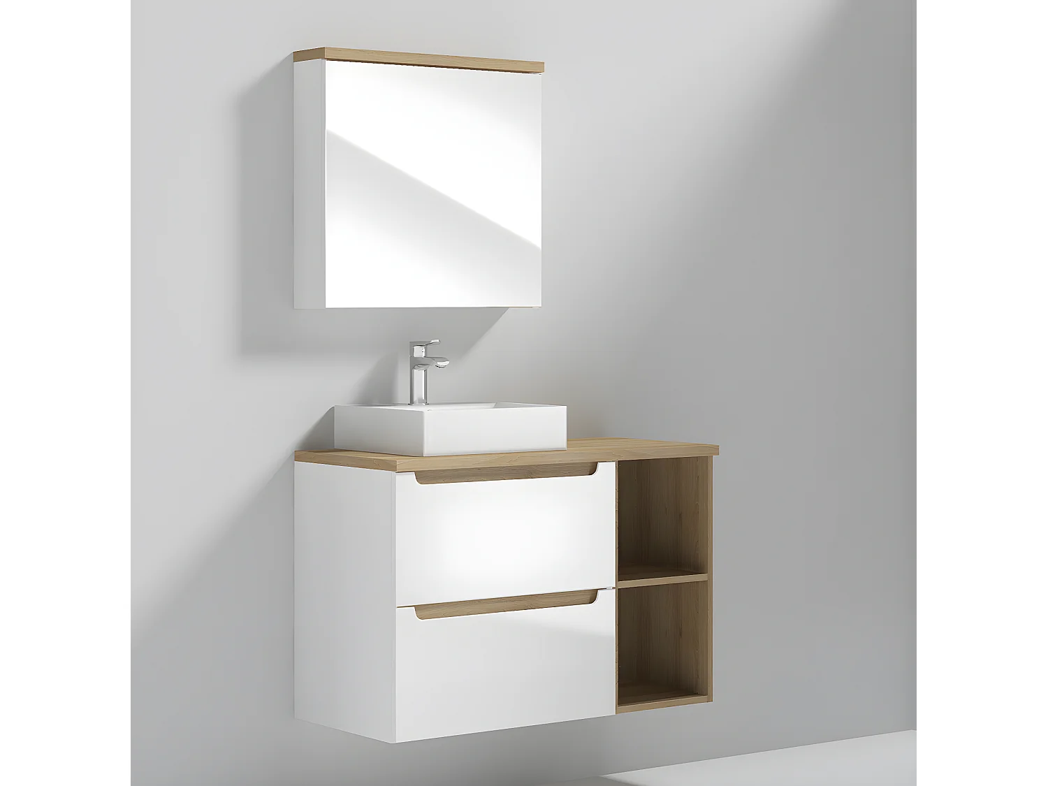 Einzelwaschtisch 90cm 2 Nischen Livia Weiß und Holz