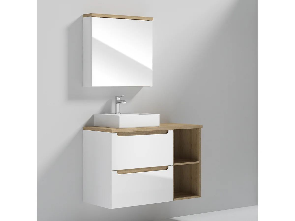 Meuble simple vasque 90cm 2 niches Livia Blanc et Bois
