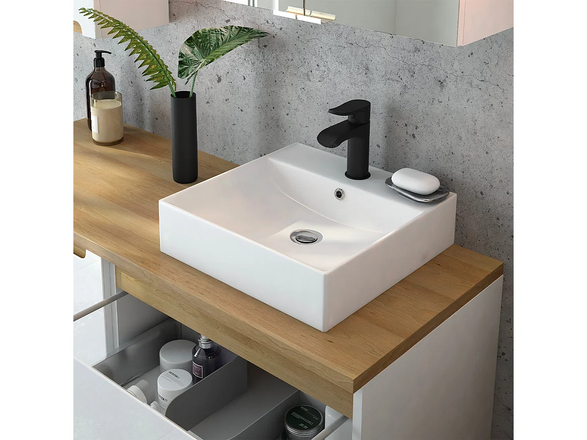 Meuble simple vasque 60cm 2 tiroirs Livia Blanc et Bois