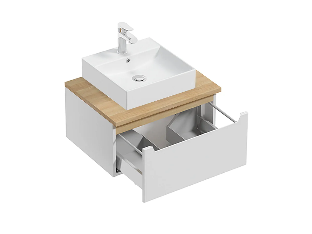 Meuble simple vasque 60cm 1 tiroir Livia Blanc et Bois