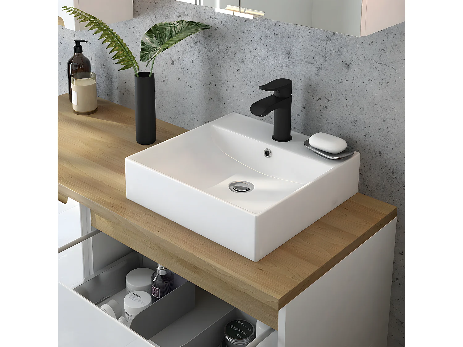 Meuble simple vasque 120cm 4 tiroirs Livia Blanc et Bois