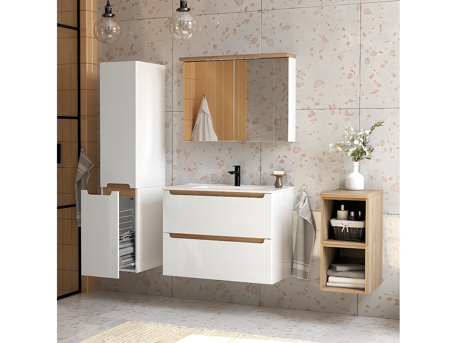 Meuble simple vasque encastrée 80cm 2 tiroirs Livia Blanc et Bois