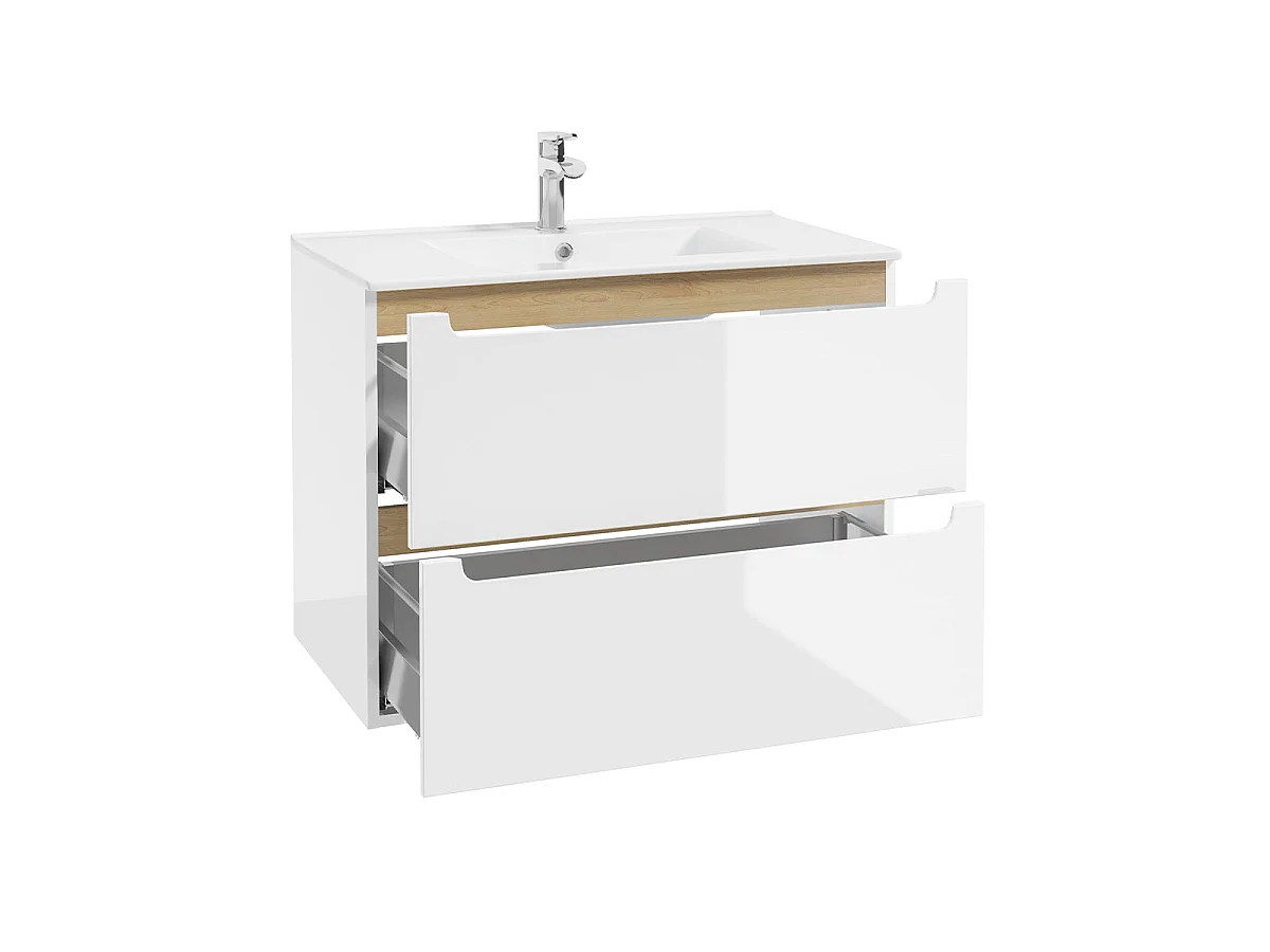 Meuble simple vasque encastrée 80cm 2 tiroirs Livia Blanc et Bois
