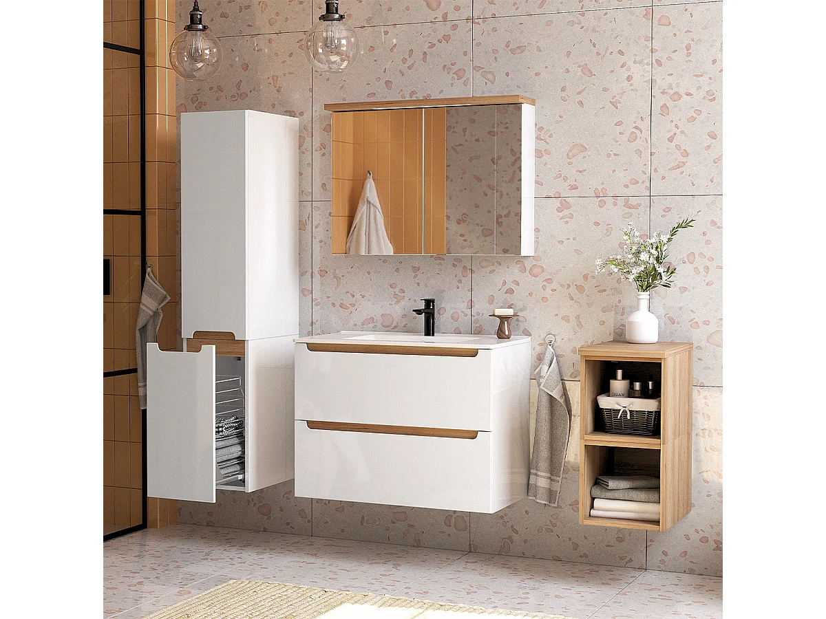 Meuble simple vasque encastrée 80cm 2 tiroirs Livia Blanc et Bois