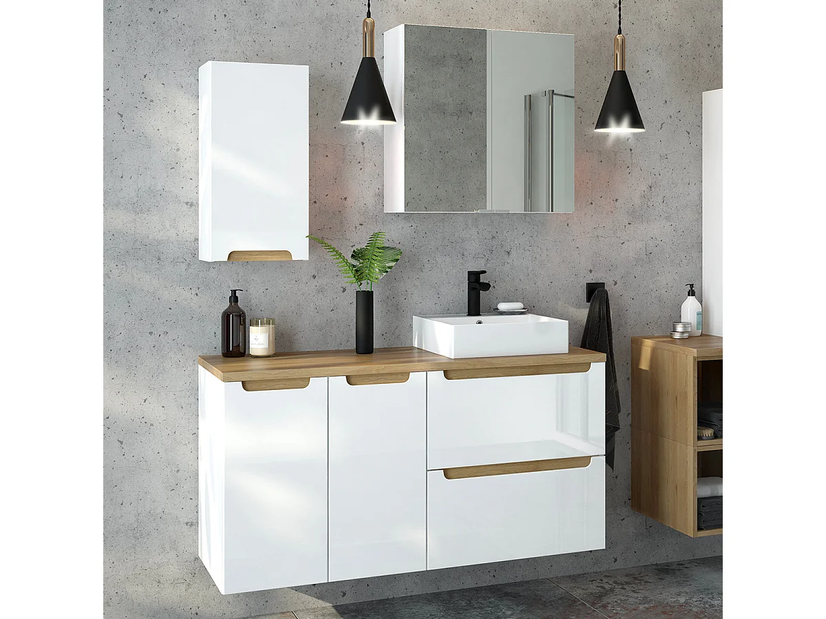 Waschbeckenunterschrank 60cm 2 Schubladen Livia Weiß und Holz