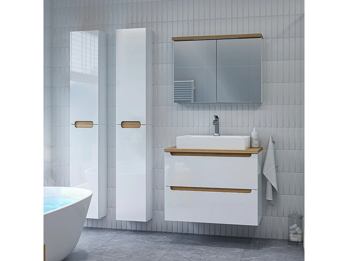 Waschbeckenunterschrank 80cm 2 Schubladen Livia Weiß und Holz