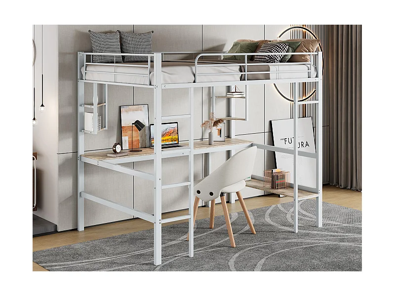 IJzeren tussenbed - 90x200cm - met bureau en 5 planken - Wit