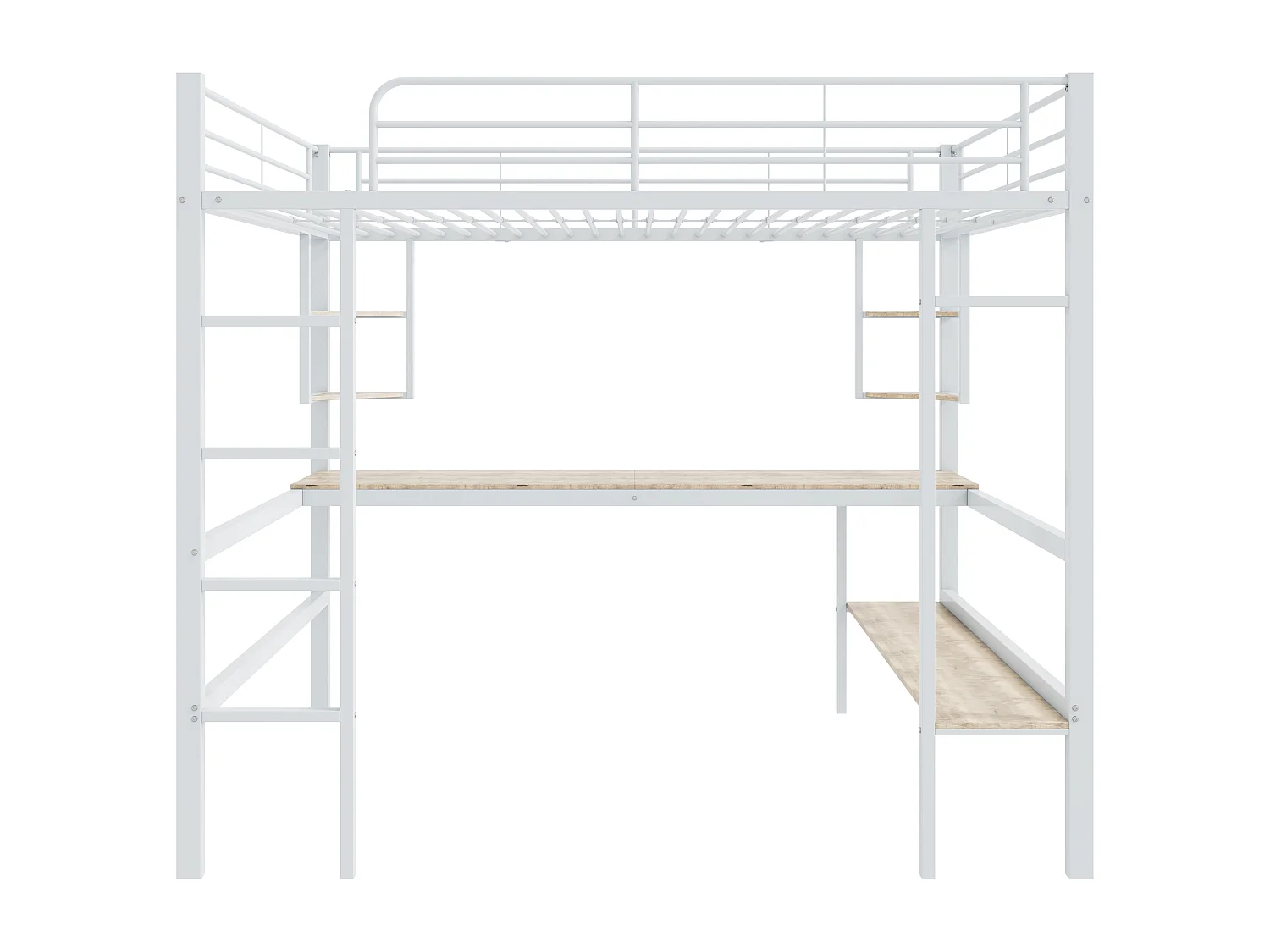 IJzeren tussenbed - 90x200cm - met bureau en 5 planken - Wit