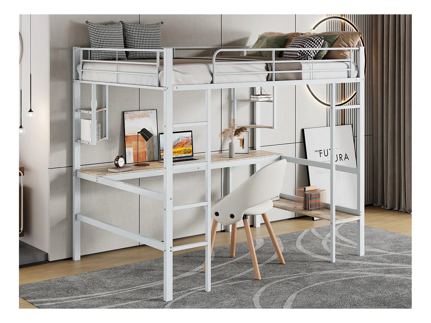 Lit mezzanine en fer - 90x200cm - avec bureau et 5 étagères - Blanc