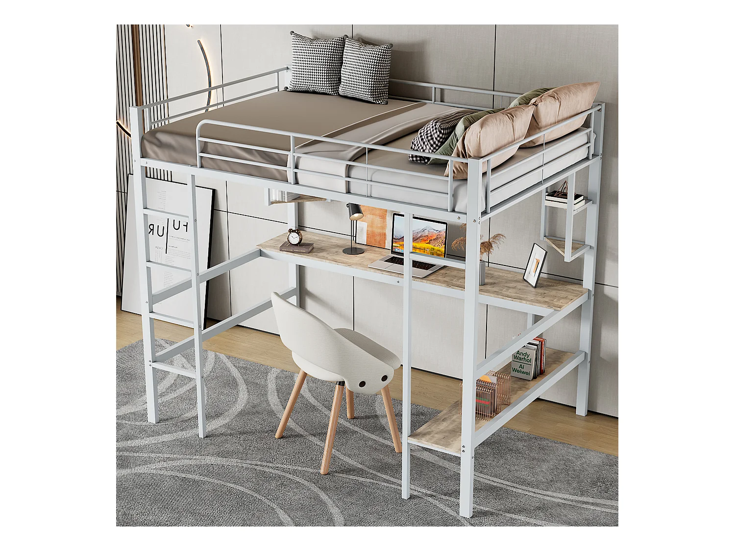 Lit mezzanine en fer - 90x200cm - avec bureau et 5 étagères - Blanc