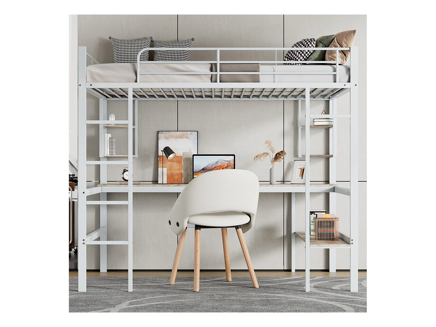 Lit mezzanine en fer - 90x200cm - avec bureau et 5 étagères - Blanc