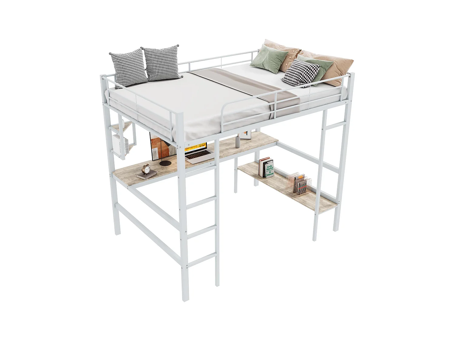 Lit mezzanine en fer - 90x200cm - avec bureau et 5 étagères - Blanc
