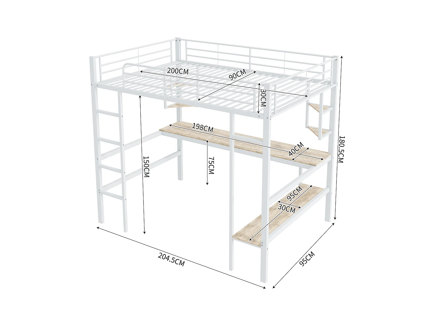 Lit mezzanine en fer - 90x200cm - avec bureau et 5 étagères - Blanc