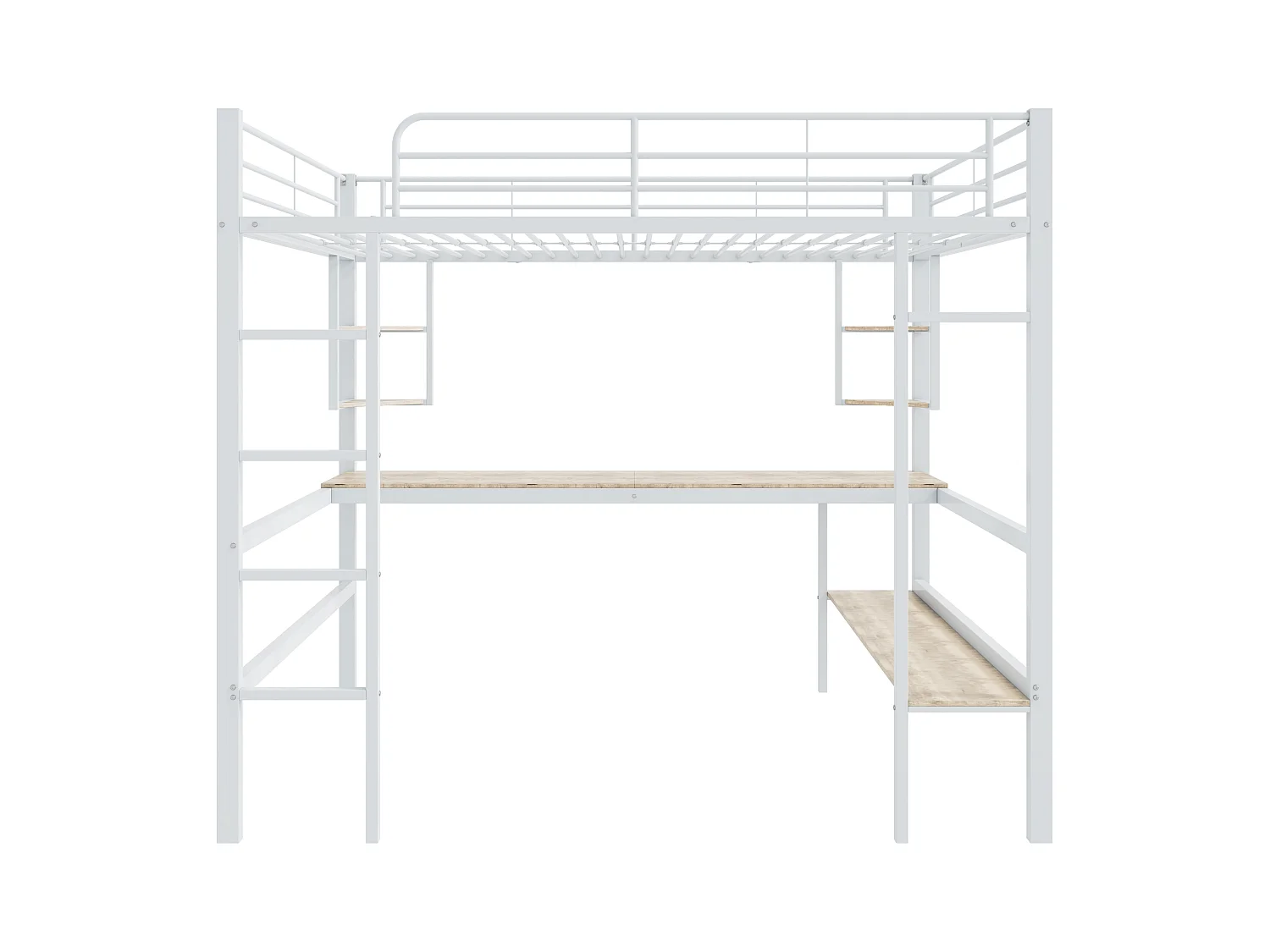 Lit mezzanine en fer - 90x200cm - avec bureau et 5 étagères - Blanc