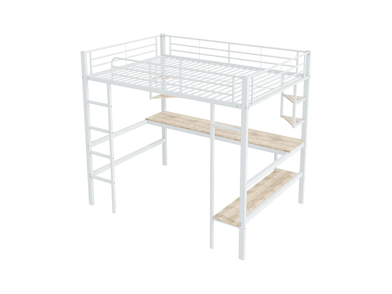 Lit mezzanine en fer - 90x200cm - avec bureau et 5 étagères - Blanc