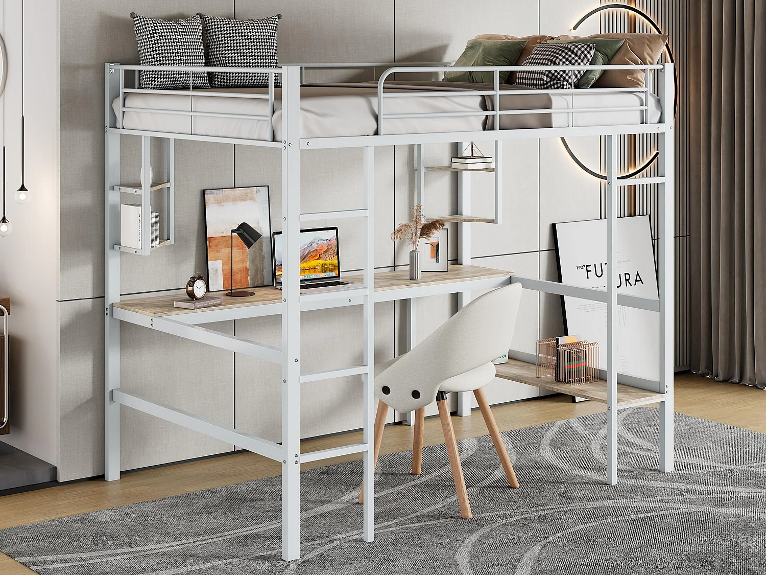 Lit mezzanine en fer - 90x200cm - avec bureau et 5 étagères - Blanc