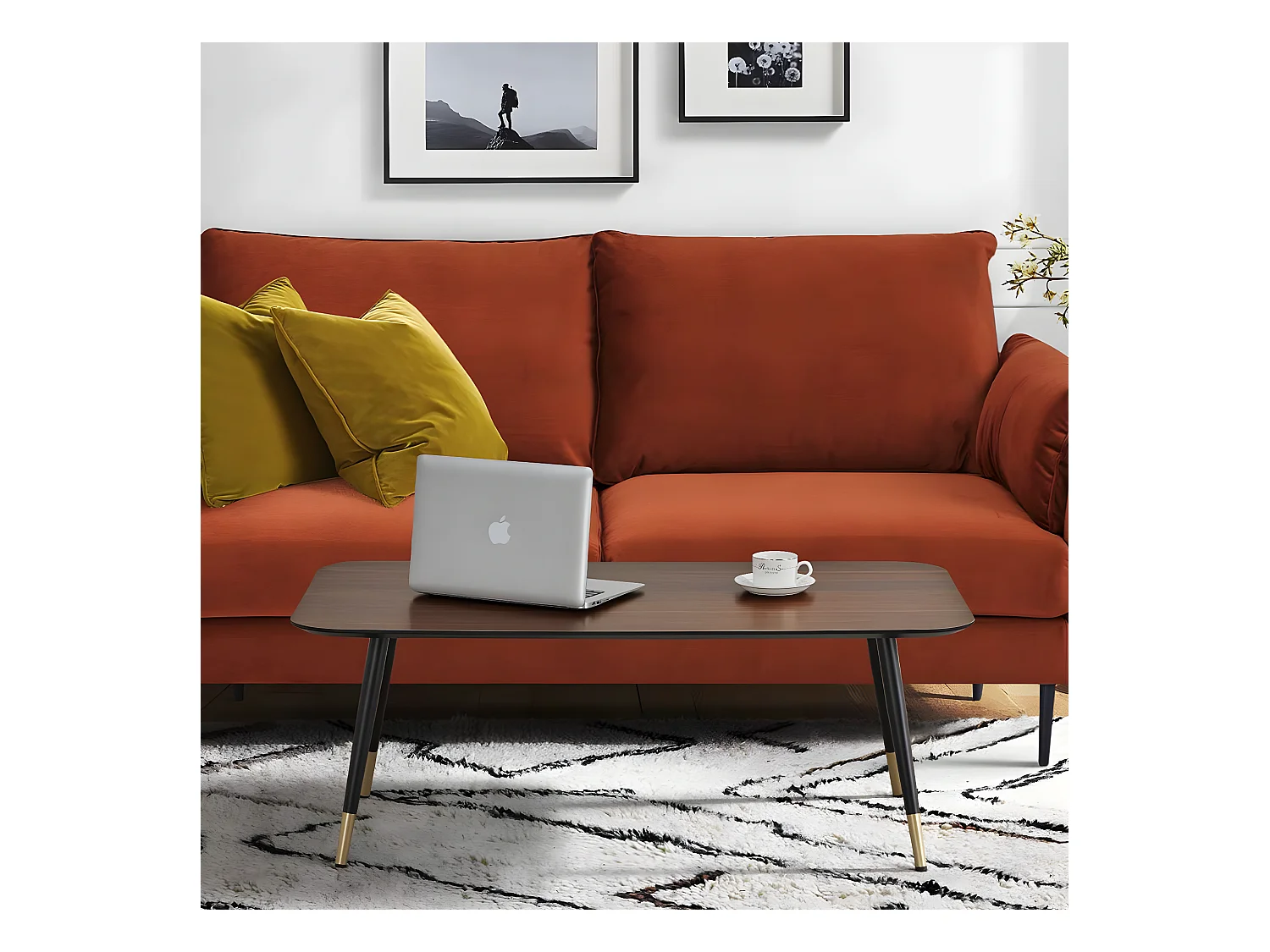 Mesa de centro rectangular MATIS de estilo mid-century con acabado de melamina de nogal