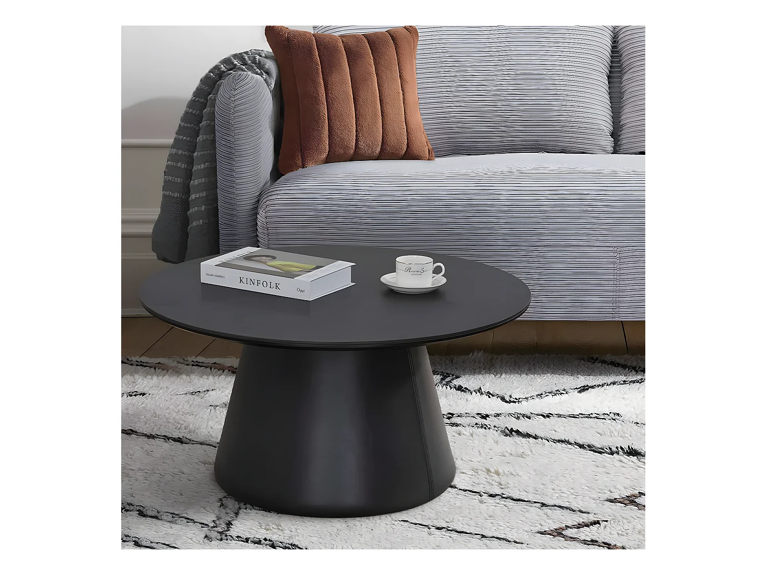 Table basse ronde de diamètre 80 cm en finition imitation marbre noir stratifié - MANDY