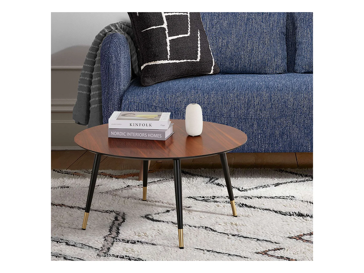 Ronde salontafel met een diameter van 80 cm in melamine afwerking met walnootlook - MATIS