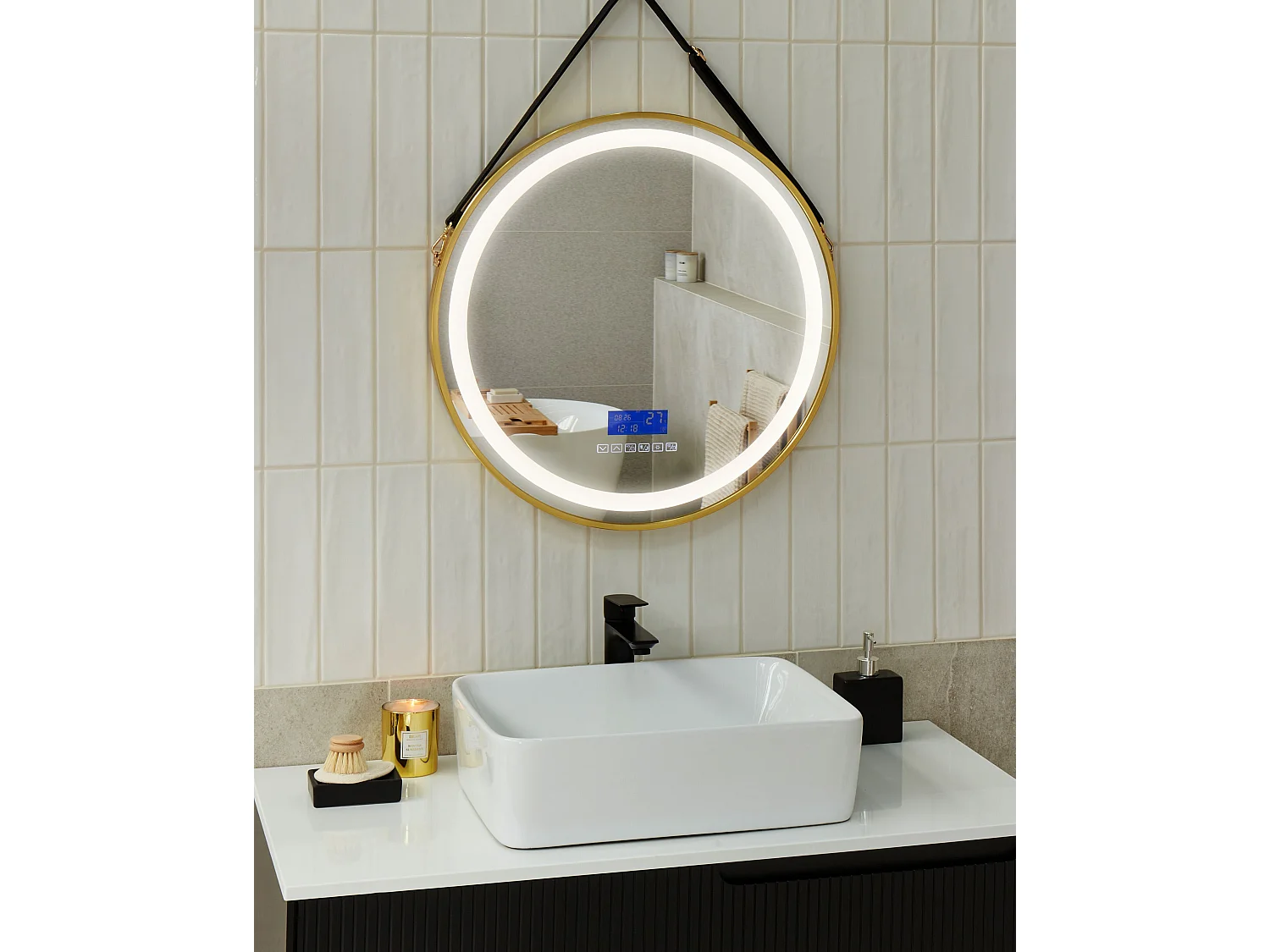 Miroir de salle de bain LED DAROIS 60 cm 60 cm Avec haut-parleur Bluetooth intégré Doré