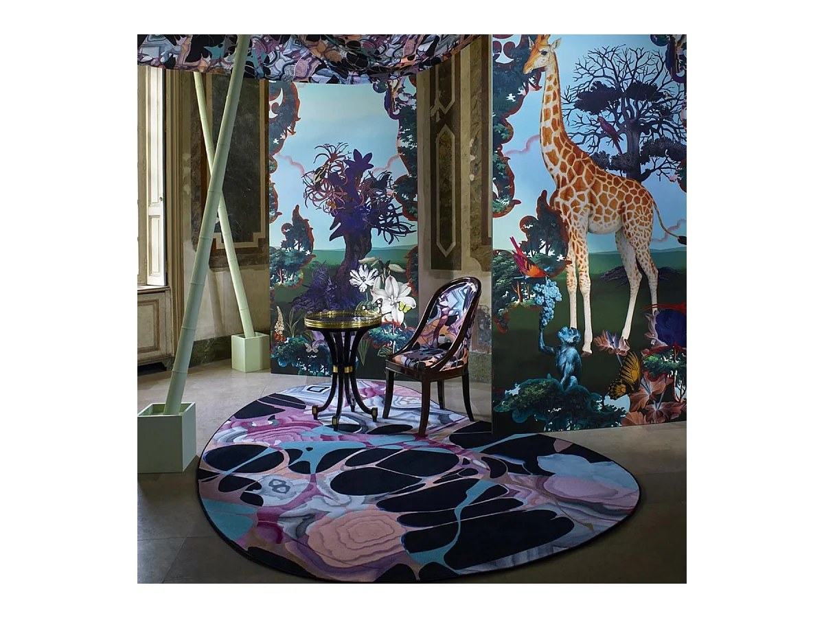 Tapis kilim 200x300 ovale tissé noir et rose motif abstrait KAA