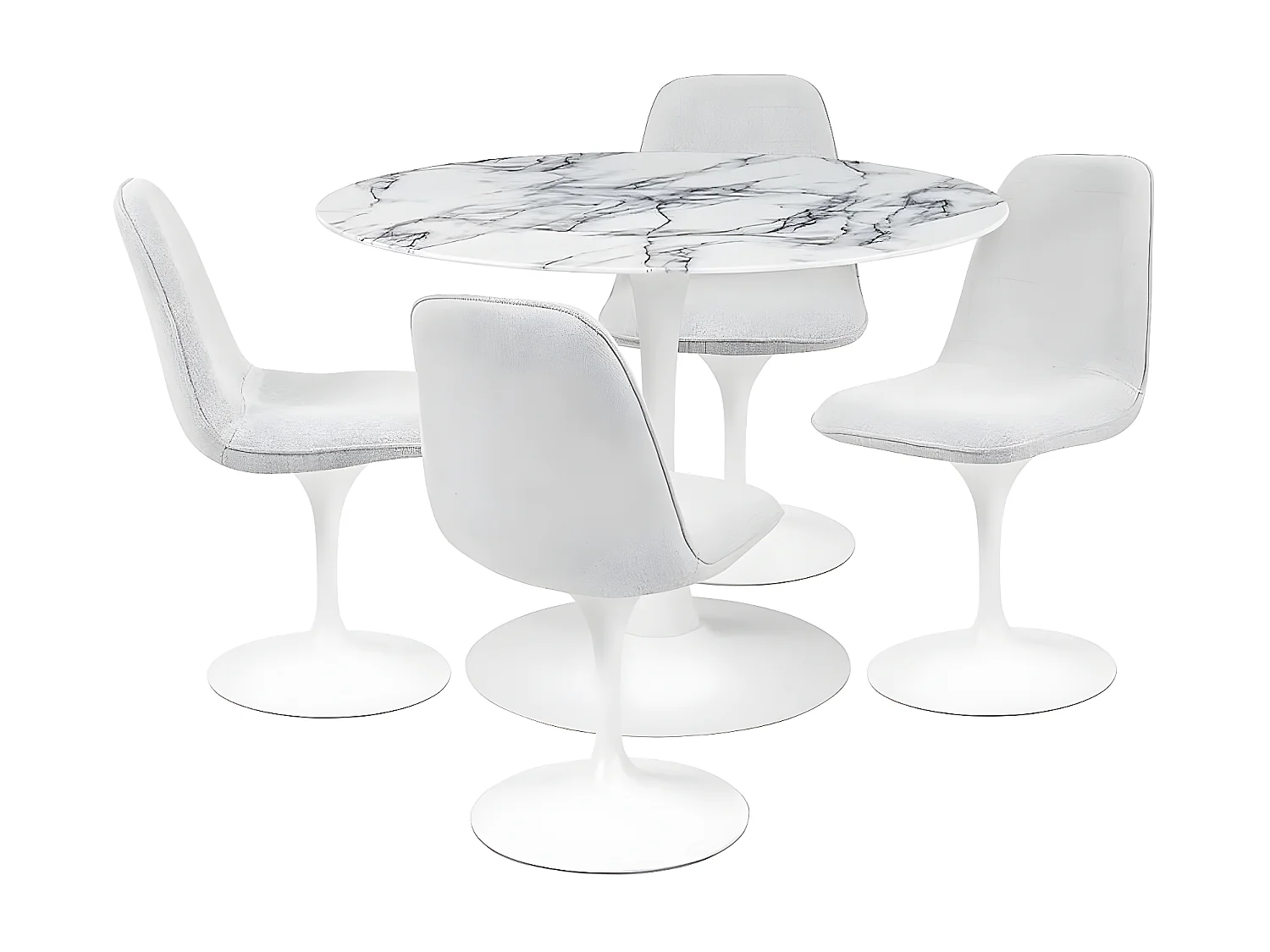 Chaise pivotante avec assise et dossier rembourrés recouverts de tissu blanc gris clair, base ronde en métal avec revêtement en epoxy blanc - LORA