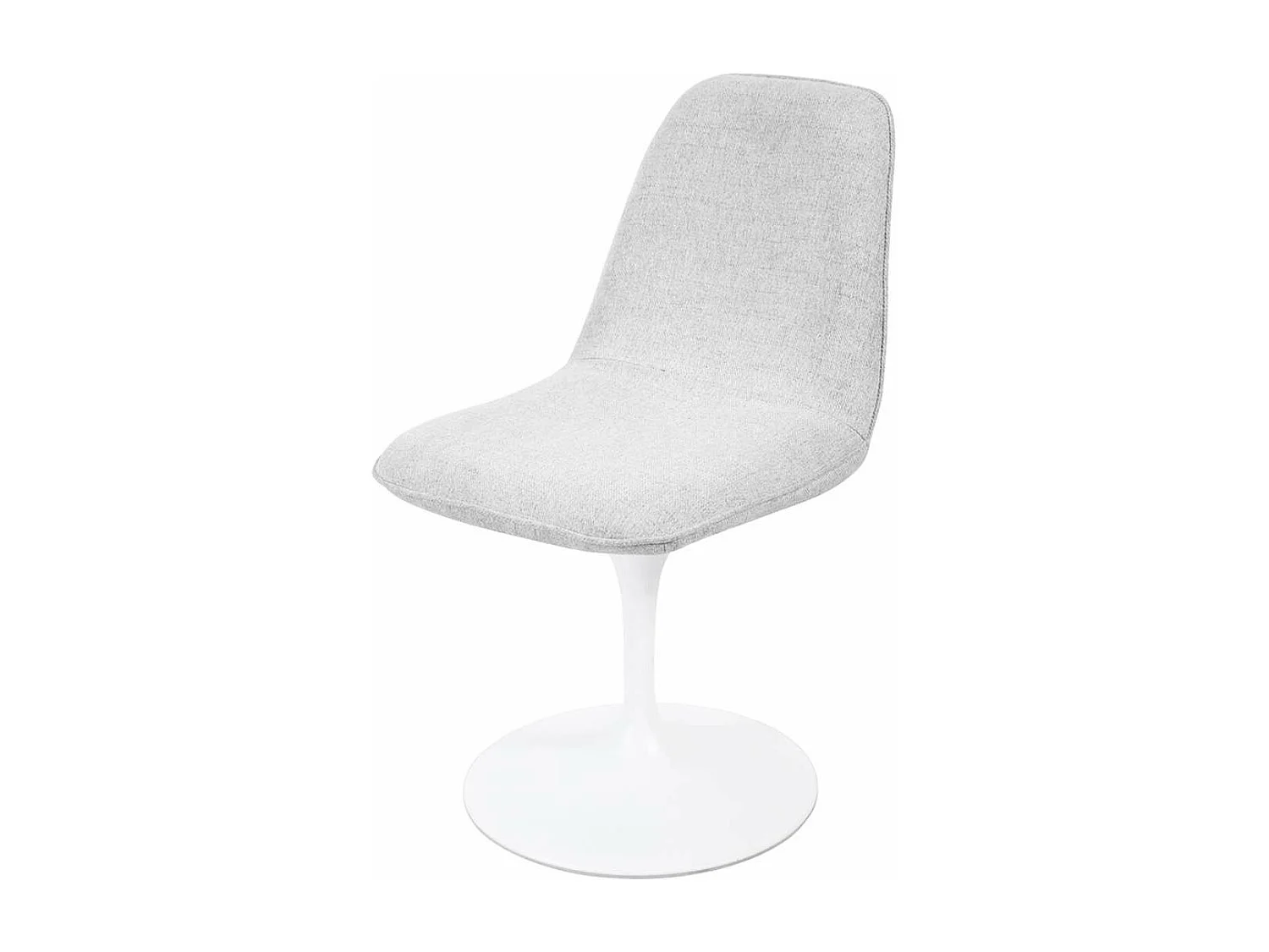 Chaise pivotante avec assise et dossier rembourrés recouverts de tissu blanc gris clair, base ronde en métal avec revêtement en epoxy blanc - LORA