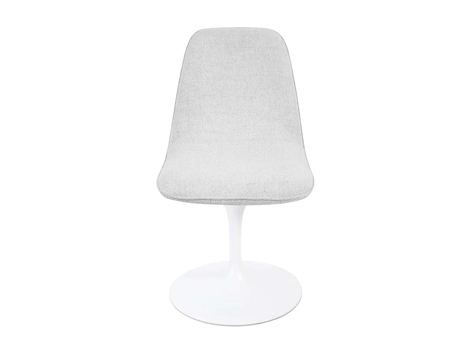 Chaise pivotante avec assise et dossier rembourrés recouverts de tissu blanc gris clair, base ronde en métal avec revêtement en epoxy blanc - LORA