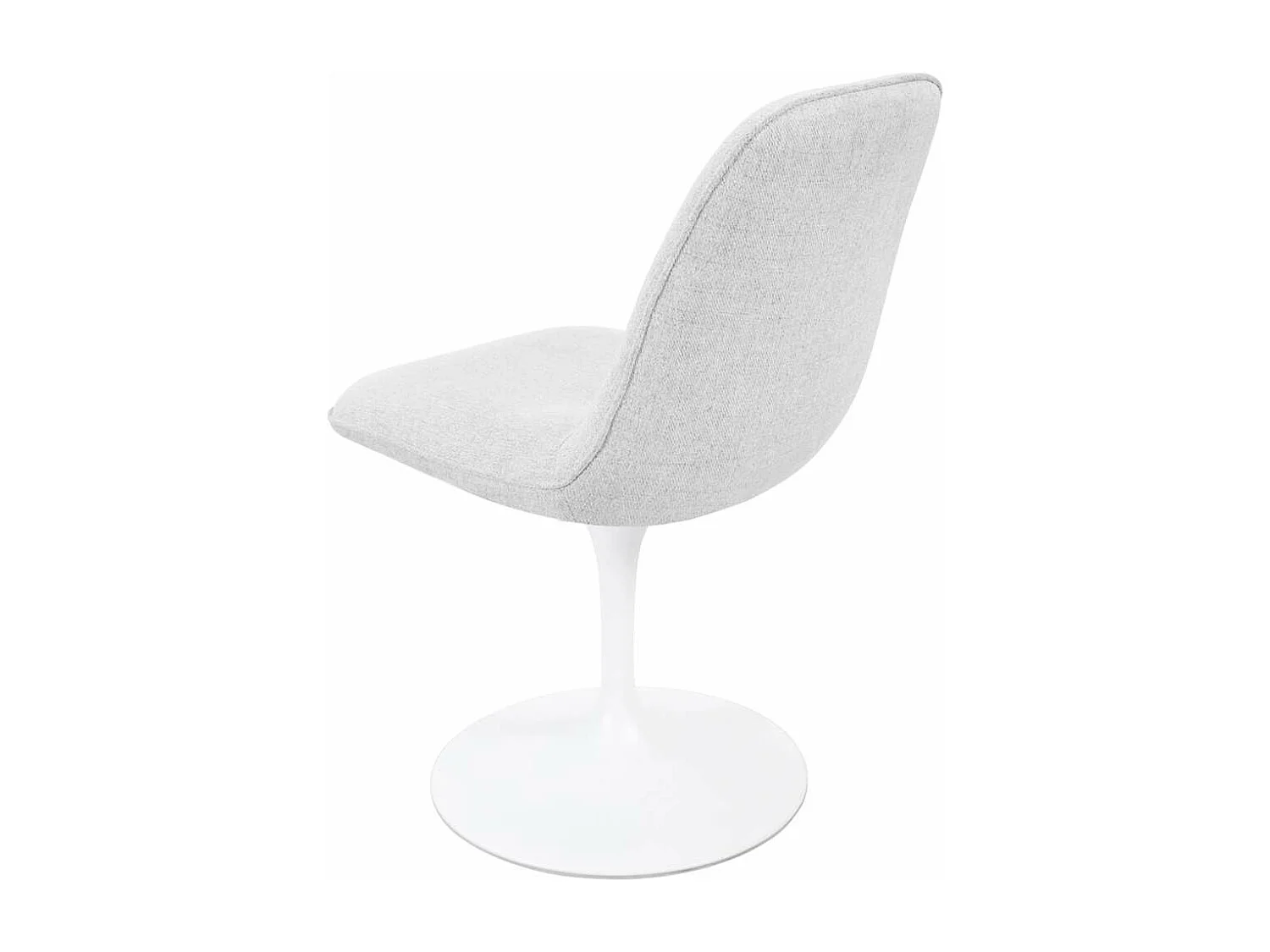 Chaise pivotante avec assise et dossier rembourrés recouverts de tissu blanc gris clair, base ronde en métal avec revêtement en epoxy blanc - LORA