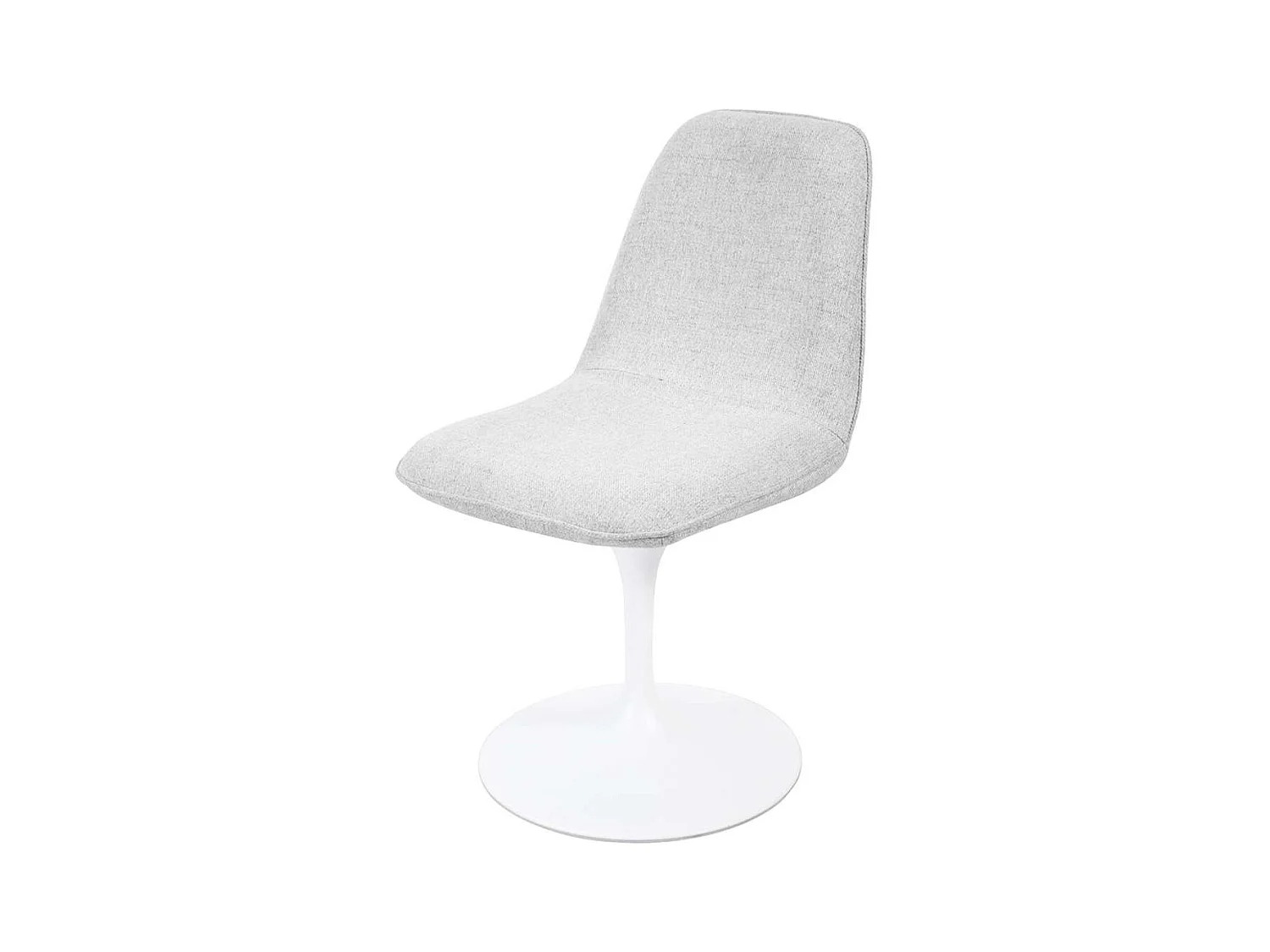 Chaise pivotante avec assise et dossier rembourrés recouverts de tissu blanc gris clair, base ronde en métal avec revêtement en epoxy blanc - LORA