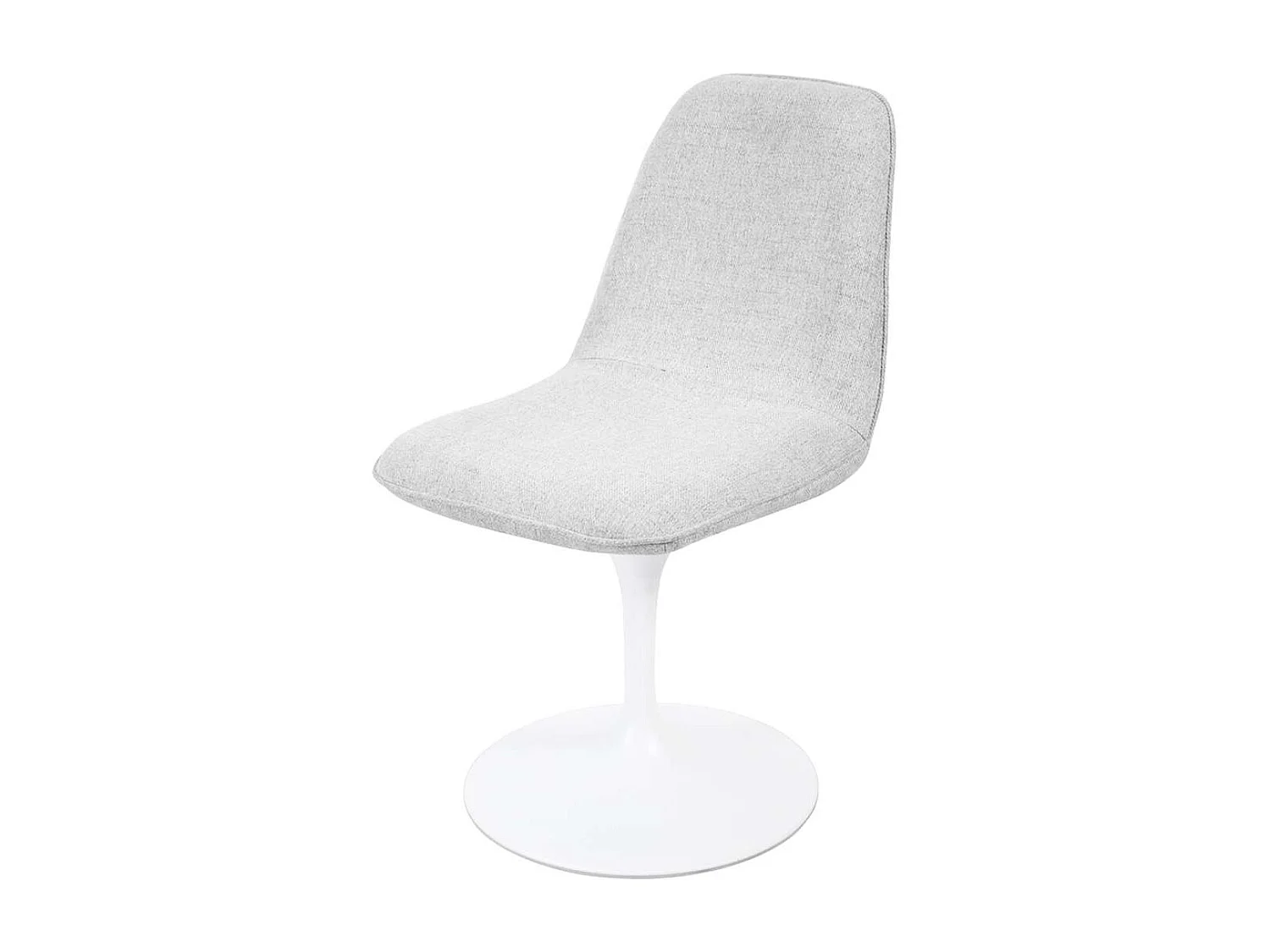 Chaise pivotante avec assise et dossier rembourrés recouverts de tissu blanc gris clair, base ronde en métal avec revêtement en epoxy blanc - LORA