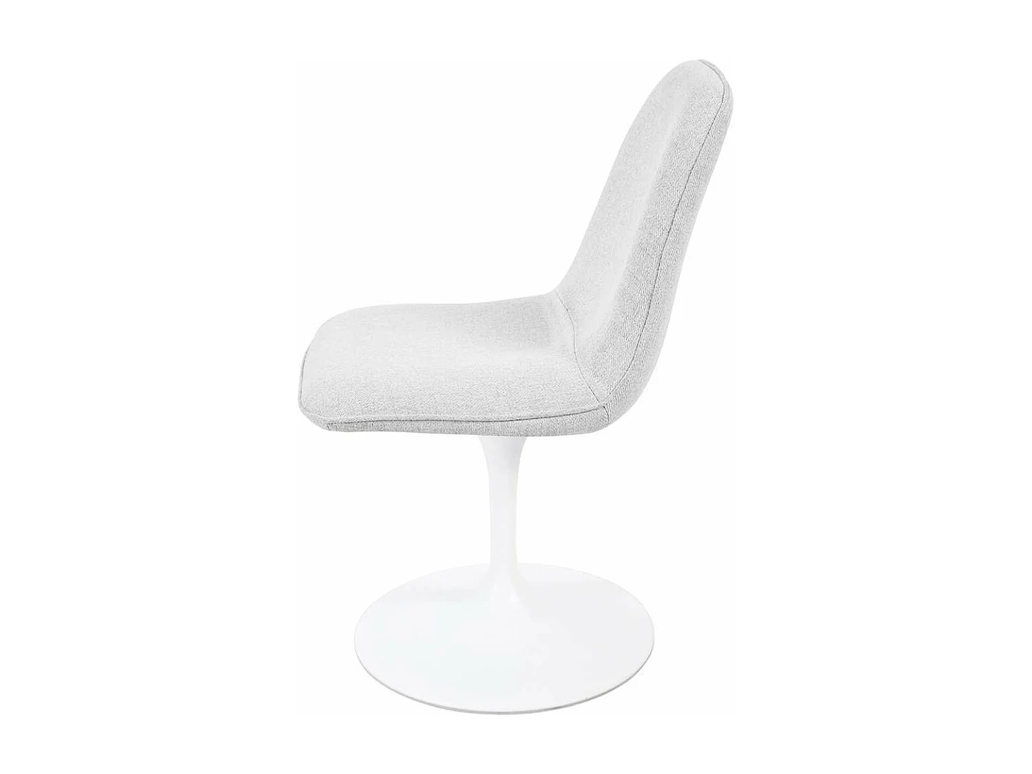 Chaise pivotante avec assise et dossier rembourrés recouverts de tissu blanc gris clair, base ronde en métal avec revêtement en epoxy blanc - LORA