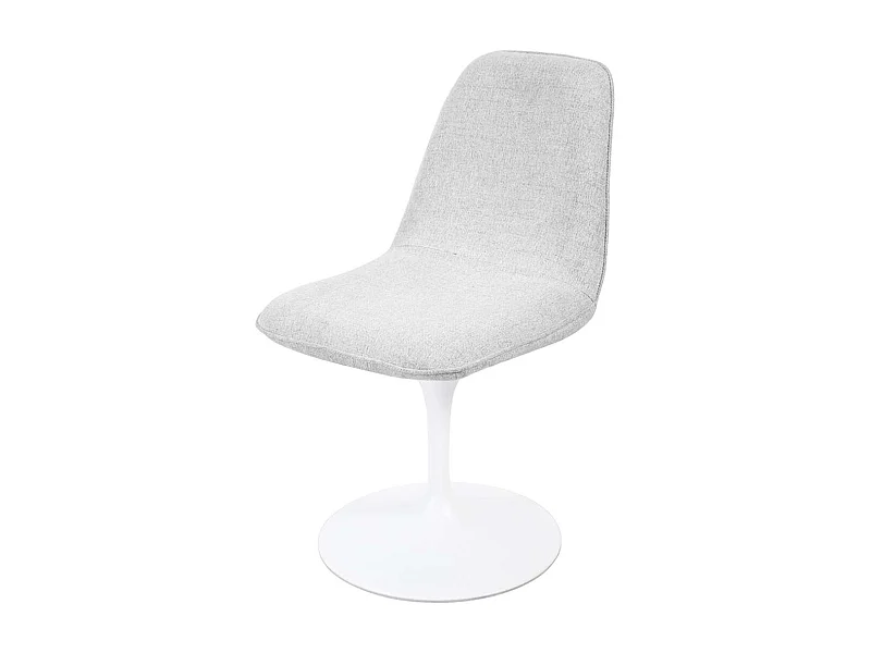 Chaise pivotante avec assise et dossier rembourrés recouverts de tissu blanc gris clair, base ronde en métal avec revêtement en epoxy blanc - LORA