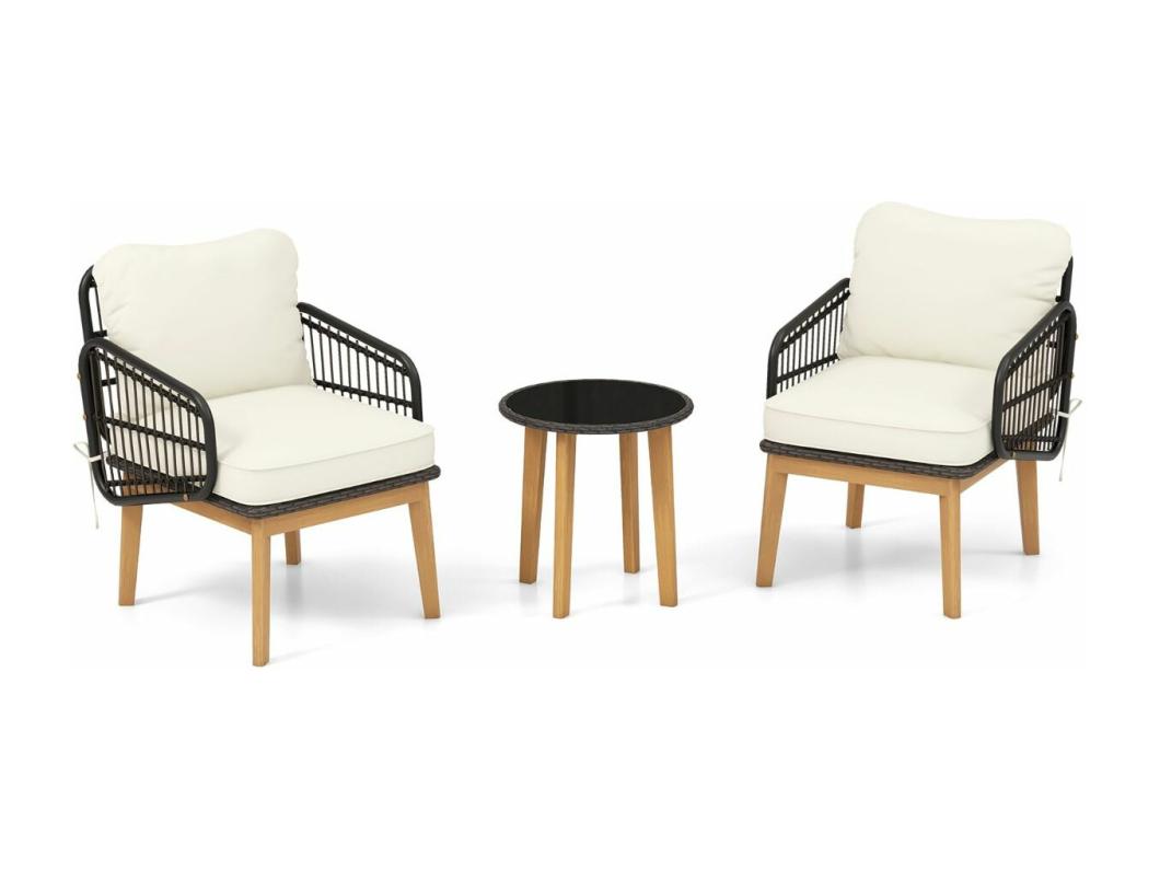 Ensemble de Meubles 3 Pièces de Patio en Rotin et fibre naturelle Charge 180KG, Salon de Jardin 2 Fauteuils Table Basse en Verre Trempé avec Coussins Lavables Accoudoirs pour Jardin Balcon