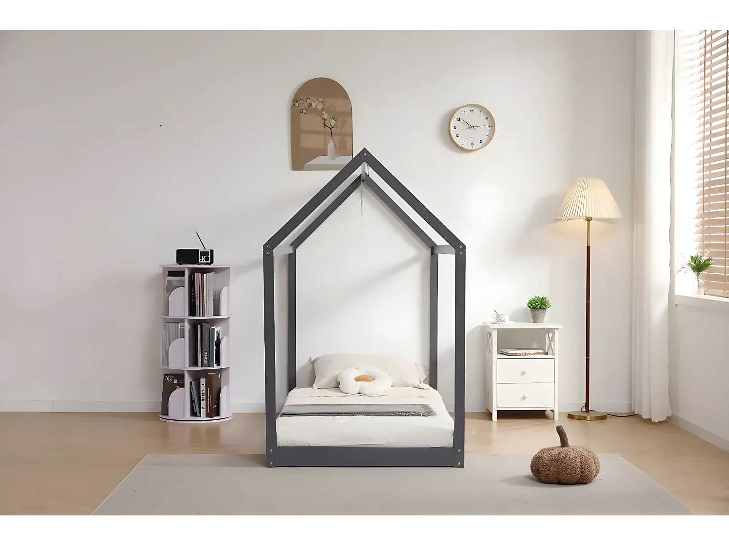 Lit cabane ROBINSON Gris en bois 90x190 cm avec sommier intégré